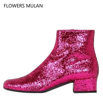 

2018 Winter New Fashion Show Famous Brand Women Ankle Boots Pointed Toe Shiny Bling Sequined Leather Ladies Botas Chunky Heel