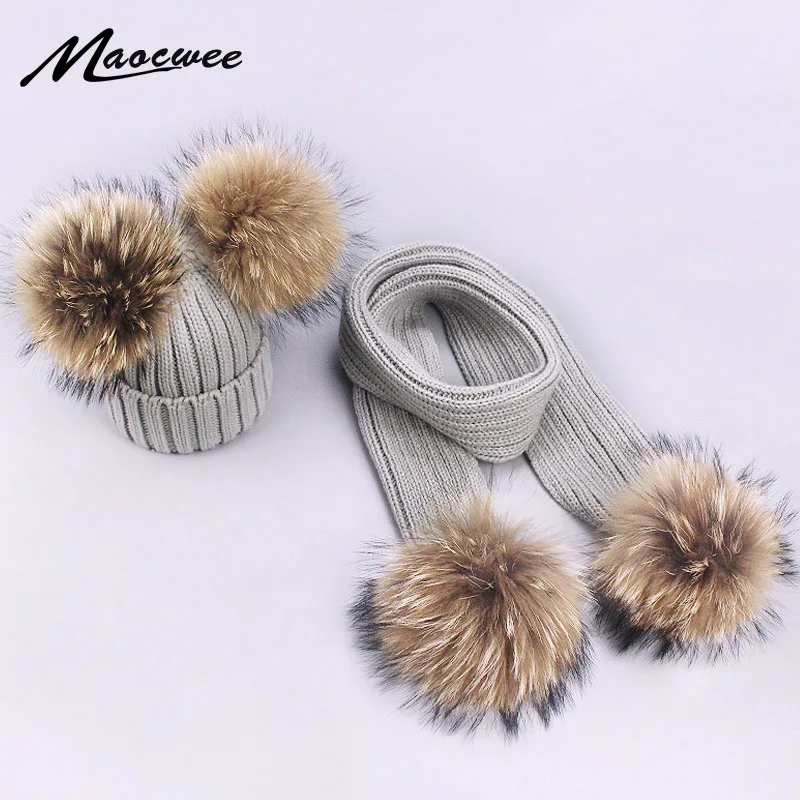

Parent-Child Caps Cute Infant Baby Pompon Winter Hat Scarf Sets Real Natural Fur Ball Caps Mother Kids Warm Knitted Hats Beanies