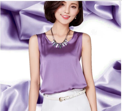 Летние женские блузки новые повседневные шифоновые шелковые блузки тонкие без рукавов с круглым вырезом blusa feminina Топы Рубашки однотонные 14 цветов - Цвет: Фиолетовый