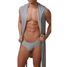 Мужские комплекты сексуальный пояс мужской летний лед шелковый халат ночная рубашка без рукавов ремень с капюшоном Халаты кофе новые комплекты с капюшоном