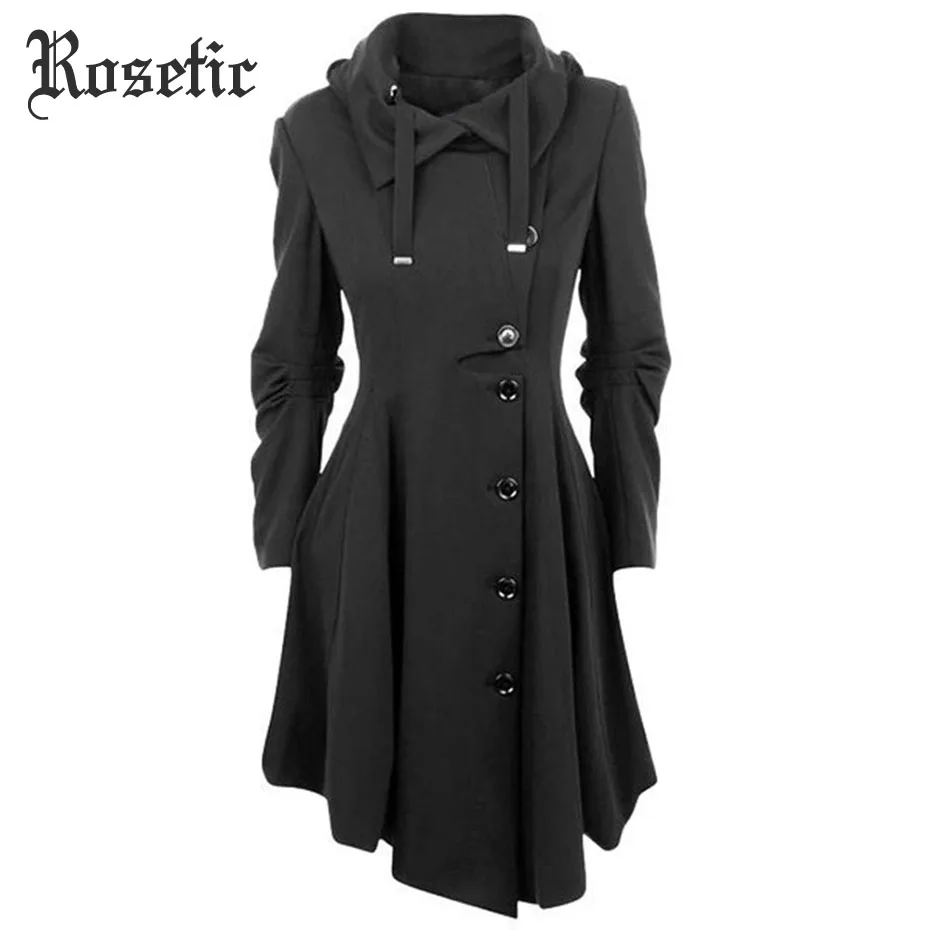 Rosetic Gothic Long Trench Coat Black Slim Asymmetric Lapel Collar Button Elegant Autumn Winter Vintage Goth Overcoat Outwears