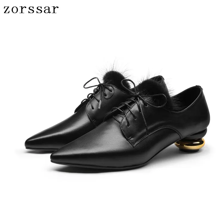 

Zorssar women low heel Shoes Genuine leather Shallow Lace up Pointed Toe High heels Single shoes Wedding dress shoes