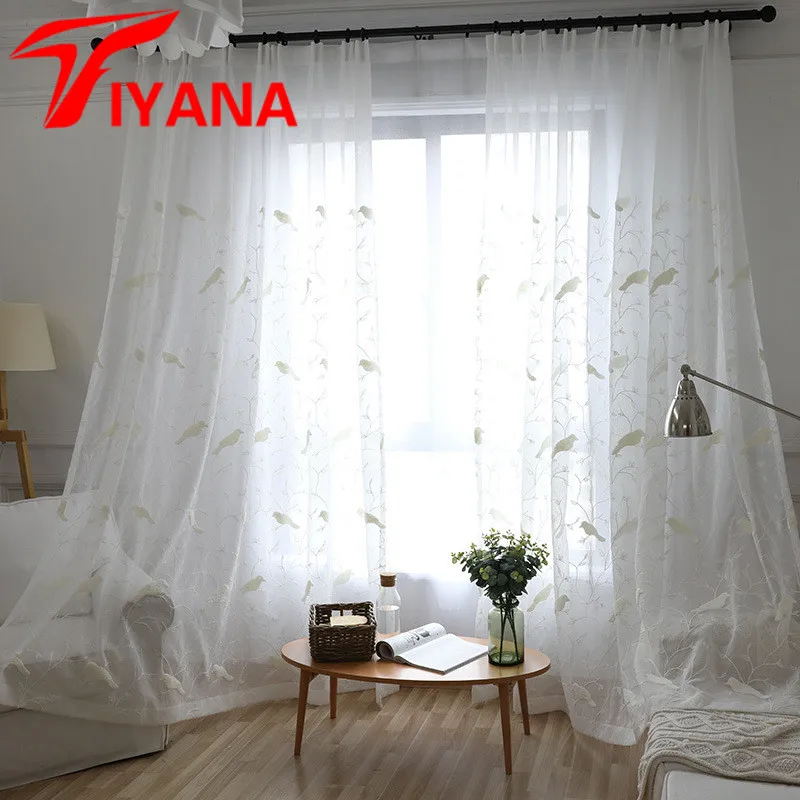 Rustic Style Embroidered Bird Curtains White Tulle for Balcony Living