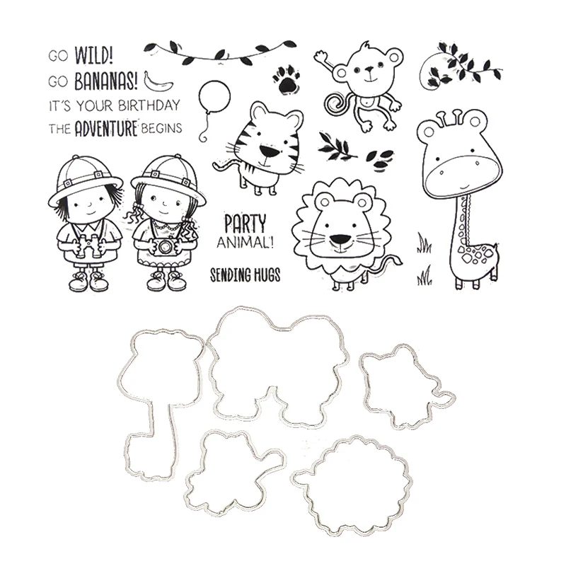 

Party Animals Metal Cutting Dies or Clear Stamps Stencils Scrapbooking Photo Album Decorative Embossing Folder Cards Kids Fun