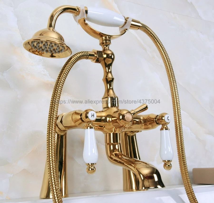 Bathtub Faucets Golden Telephone Bathtub Faucet Mixer Tap w/ Hand Shower Bath Shower Tub Faucet Dual Handles Nna140