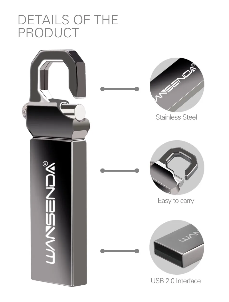 Металлический USB флеш-накопитель WANSENDA, 4 ГБ, 8 ГБ, 16 ГБ, 32 ГБ, 64 ГБ, брелок, ручка-накопитель, водонепроницаемая карта памяти, флеш-диск USB 2,0, флешка