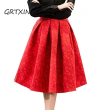 Осенняя ретро юбка с высокой талией женская элегантная жаккардовая плиссированные мини-юбки длиной до колена Saias A-Line Red Jupe
