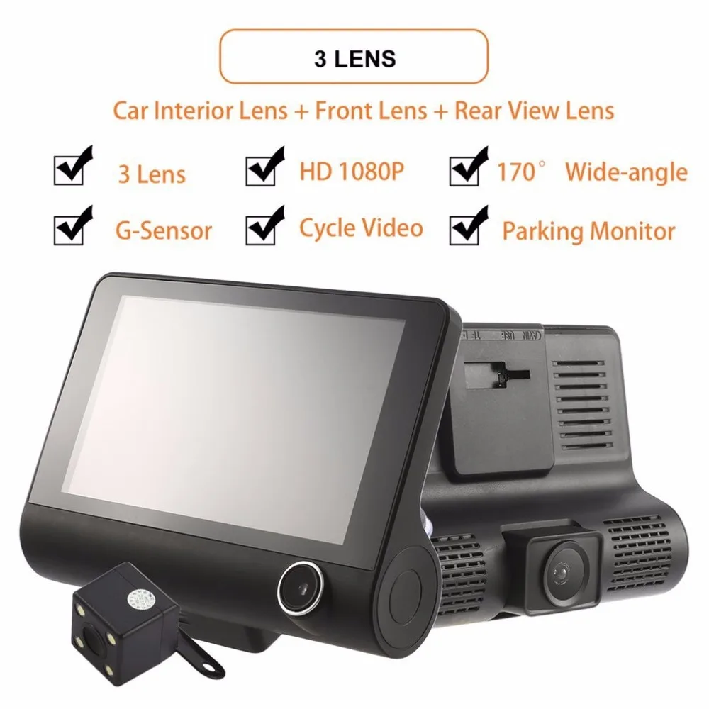 

4 Inch HD 1080P 3 Lens Car DVR Motion Detection & Parking Monitor Dash Cam Vehicle Video Recorder with Rearview Camera