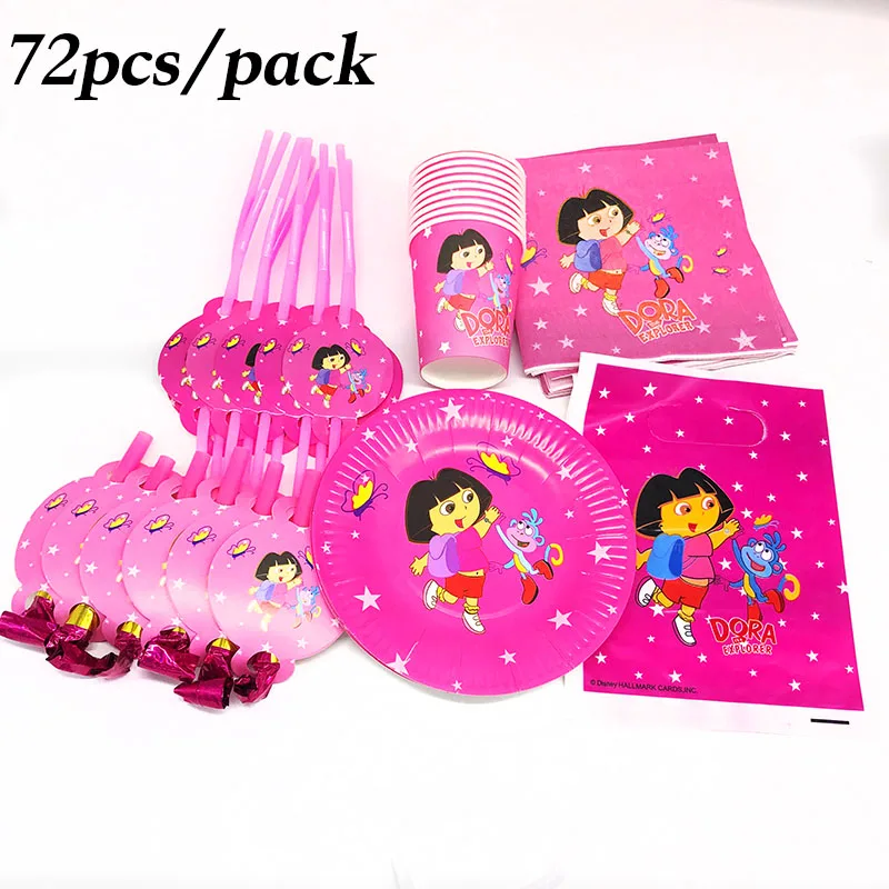 

72pcs Dora the Explorer disposable party tableware Dora theme disposable plates cups straws Dora the Explorer party decorations