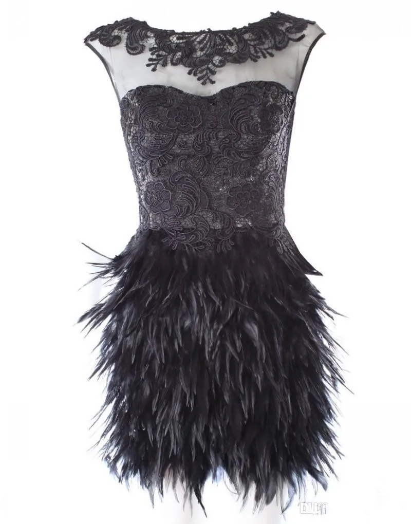 Черные кружевные коктейльные платья с аппликацией перьевая юбка Короткое мини без рукавов вечернее платье для выпускного вечера на заказ Vestidos De Soiree