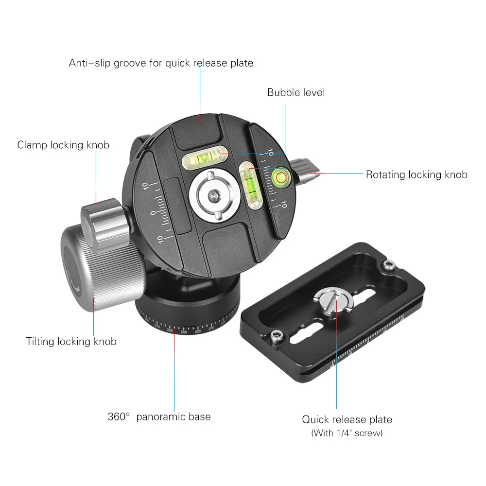 Andoer VH-10R 2 Way панорамирование/наклон шаровая Головка Грузоподъемность 10 кг/22 фунта Штативная головка с быстроразъемной пластиной из алюминиевого сплава Штативная головка