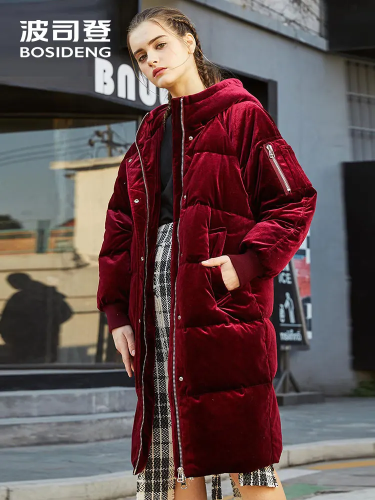 

BOSIDENG new corduroy Long down jacket for women down coat hooded long parka hoodie bright fabric winter thicken B70142562