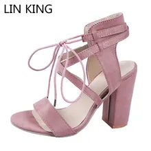 LIN KING Retro Square Heel Women Sandals High Heel Gladiator Summer Shoes Lace Up Knot Open Toe Office Work Sandalias Big Size LIN KING Retro Square Heel Women Sandals High Heel Gladiator Summer Shoes Lace Up Knot Open Toe Office Work Sandalias Big Size