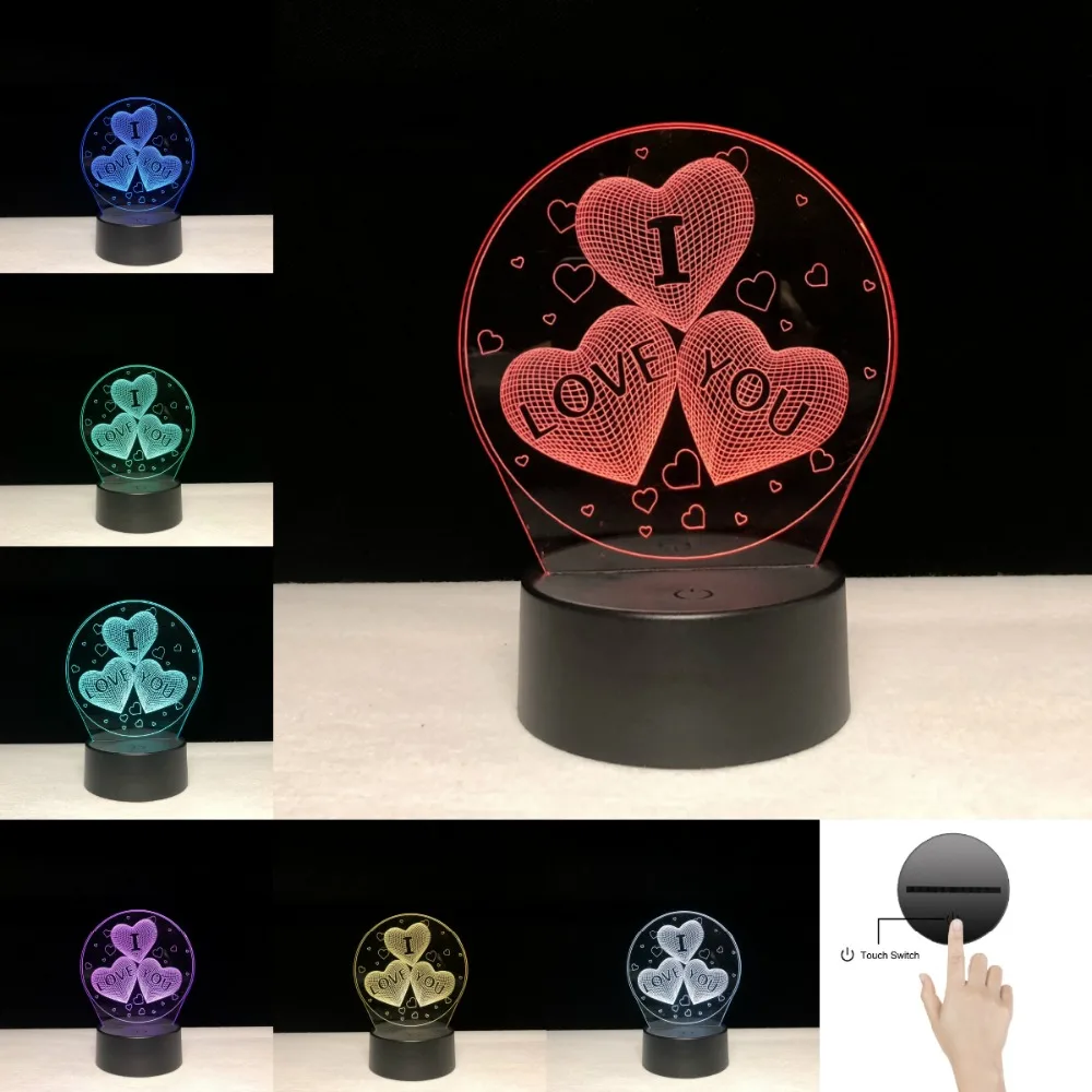 Three Heart I Love You 3D Lamp LED USB Table Mood Illusion Night Light Touch Multicolor Luminaria Change Table