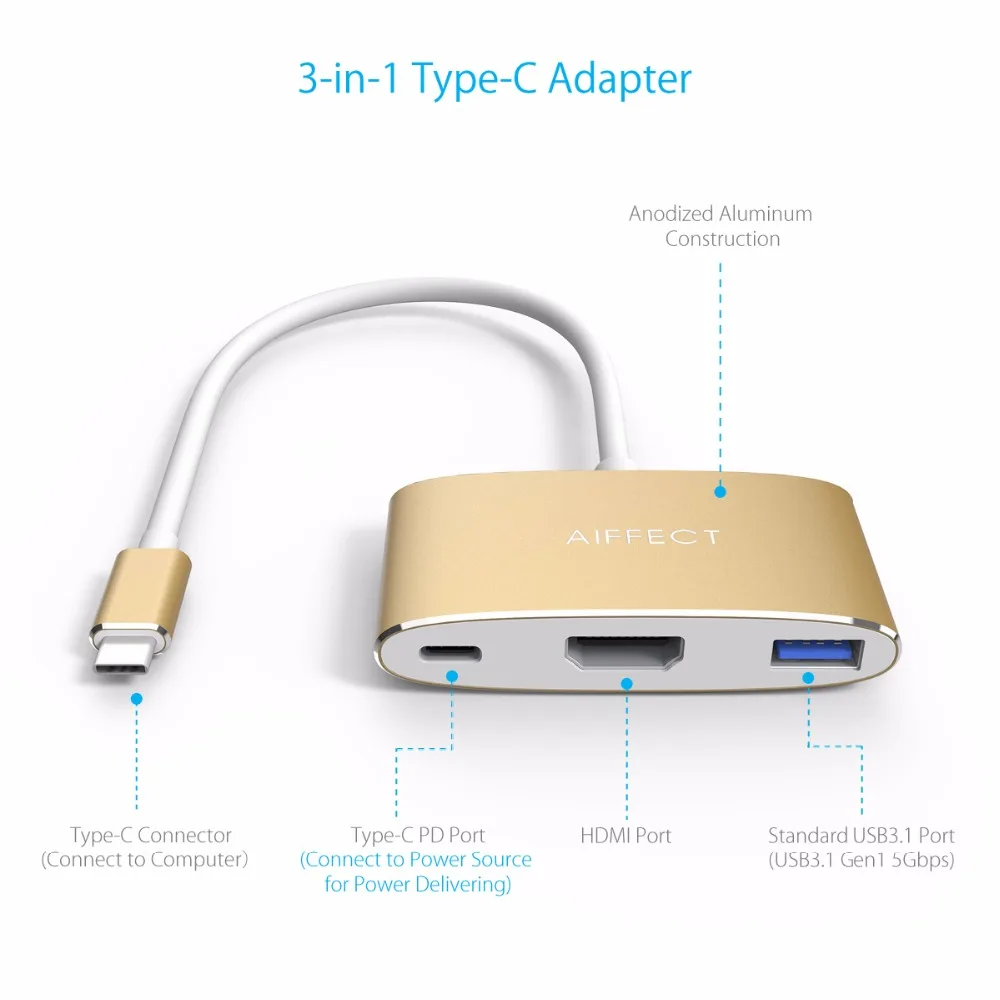  AIFFECT 4K HD Type C USB3.1 to HDMI 3 in 1 Hub USB-C PD Charging port Aluminum Adapter for New Macb
