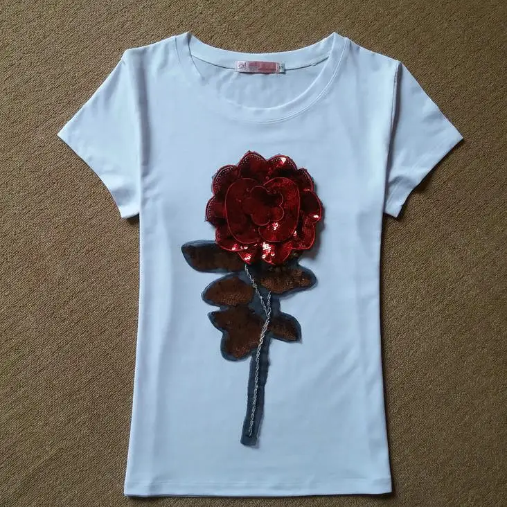 Nueva camiseta de lentejuelas de verano para mujer de algodón de moda de flores rosas para mujer camiseta camisetas mujer Nueva camiseta de lentejuelas de verano para mujer de algodón de moda de flores rosas para mujer camiseta camisetas mujer