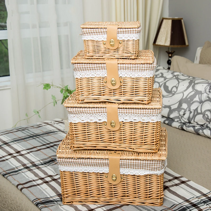 Креативная бамбуковая плетеная корзина для хранения с крышкой с замком для хранения одежды коробка для хранения игрушек Органайзер плетеный материал-66819