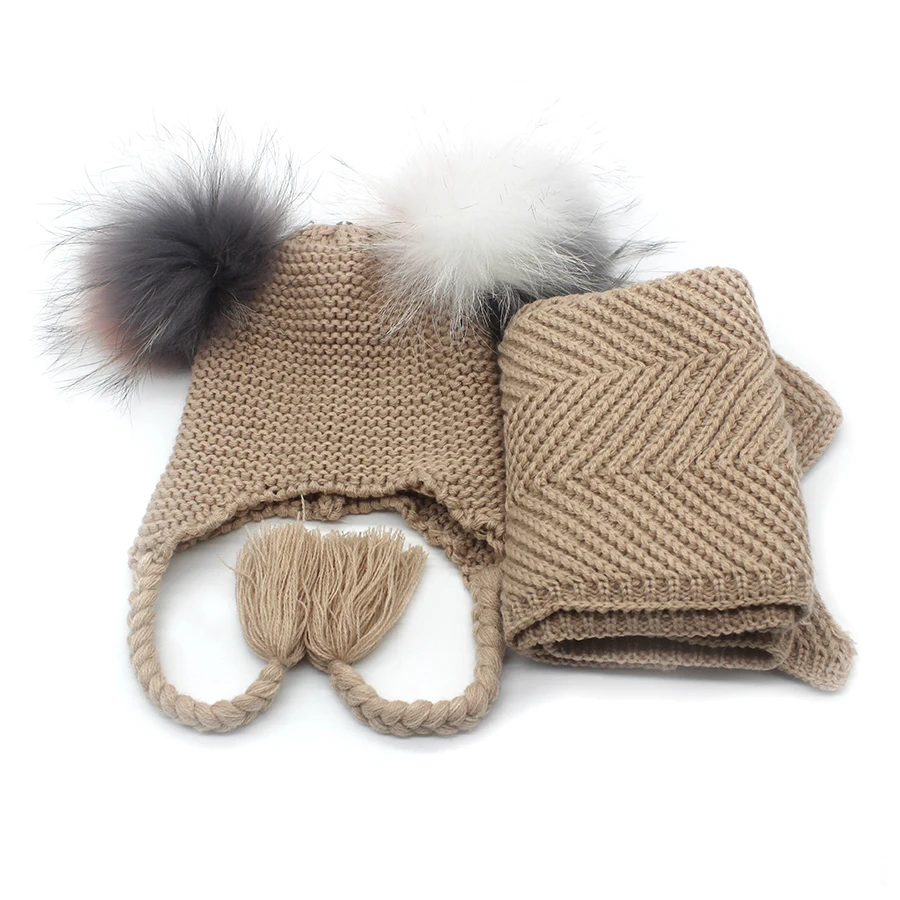 Детский набор шапки и шарфа для мальчиков и девочек, От 1 до 3 лет, популярные помпоны, косичка, зимние теплые шапочки