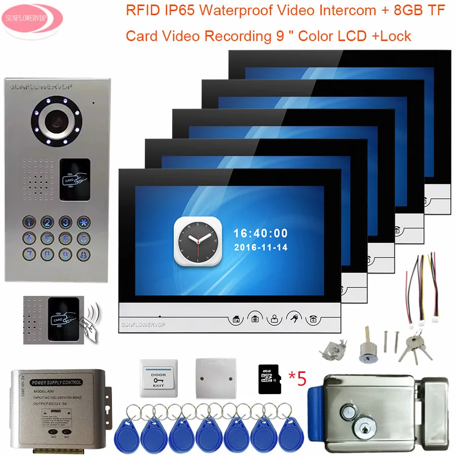 

9inch Video Intercom 5 Monitors Video Intercom With Recording +8 GB TF Card Intercom Waterproof Rfid Electronic Control Lock Kit