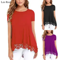 Leo Rosi летние женские футболки женские кружевные хлопковые Лоскутные базовые футболки повседневные топы Футболка с коротким рукавом Femme 2019