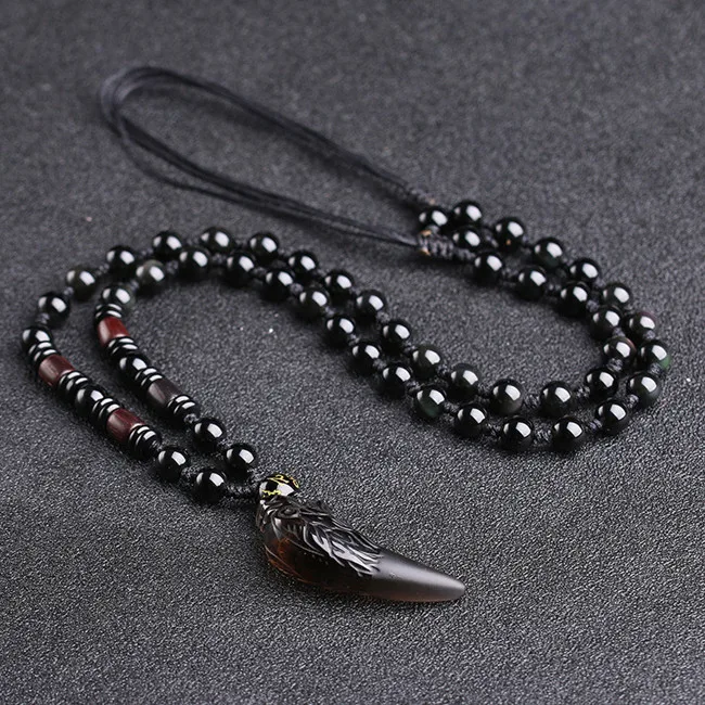 S size full beads Натуральный обсидиан волк кулон «Клык» ожерелье s Ручная Веревка для женщин мужчин влюбленных ожерелье Модные украшения для подарка Прямая поставка - Окраска металла: S size full beads