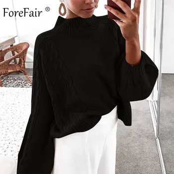 

Forefair Winter Turtleneck Knitted Sweater Women Autumn 2019 Lantern Sleeve Plus Size Jumper Solid Casual Oversize Pullovers