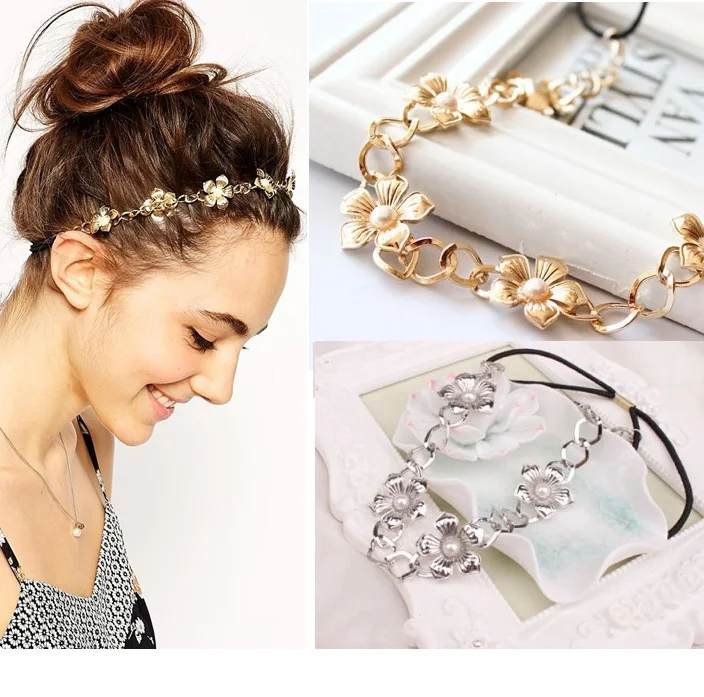 

2017 Hot Sale FashionWomen Metal Head Chain Flower Elastic Hair Band Trendy Headband Hair Accessories