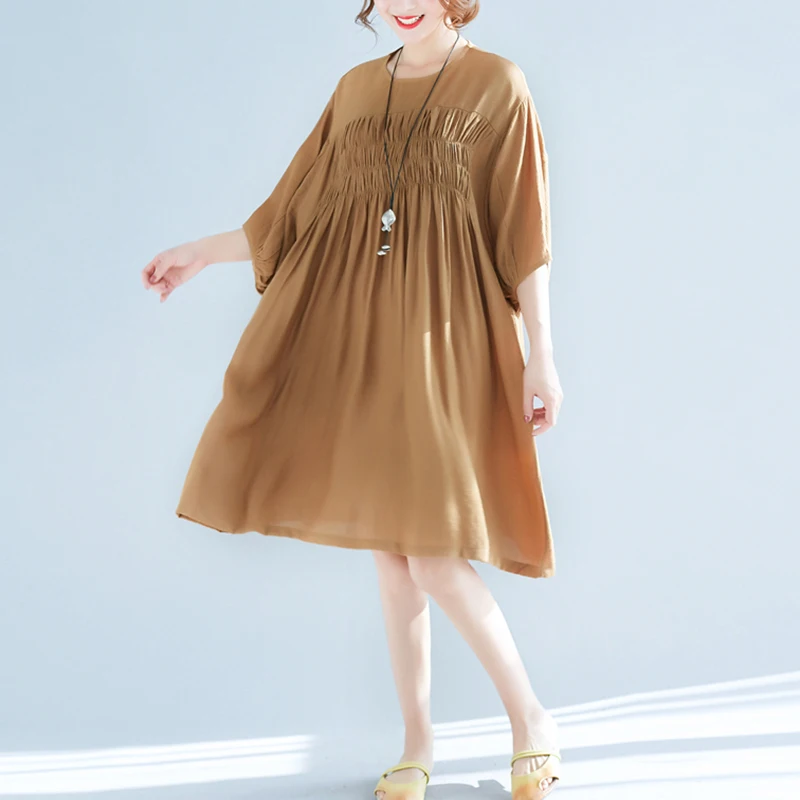 Plus Size Summer Dresses Chiffon Loose Dress Women Short Sleeve O-neck Solid Color Vestidos Female Casual FP0584 | Женская одежда