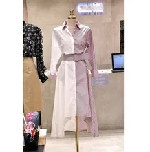 2019 Korean Fashion Spring New Spliced Asymmetrical Shirt Dress Long Striped Shirt Women Button Striped A-Line Dress Women asymmetrical lace spliced tee