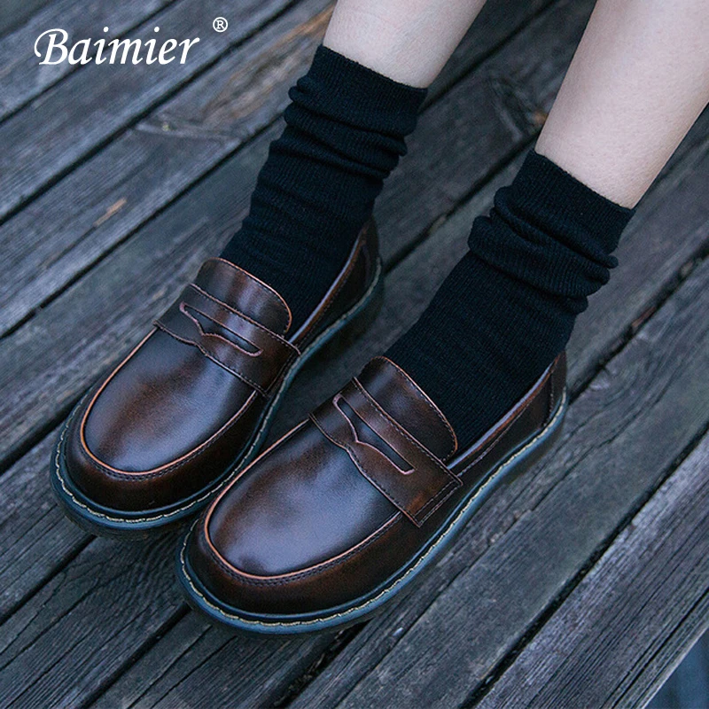 Baimier/женские лоферы из натуральной кожи в стиле ретро; женские оксфорды с круглым носком в британском стиле; повседневная женская обувь на плоской подошве без застежки