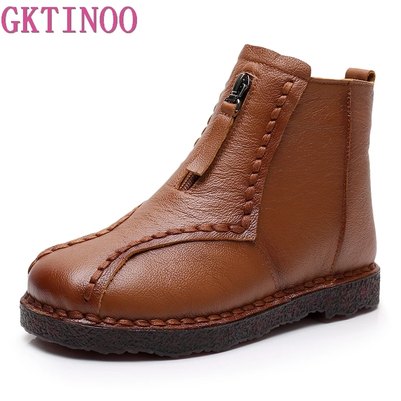 

GKTINOO Genuine Leather Ankle Boots Winter Warm Handmade Soft Flat Shoes Comfortable Casual Moccasins Women's Shoes Snow Boots