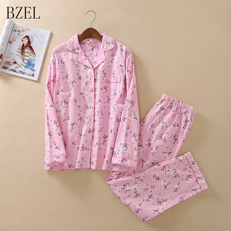 

BZEL Spring Autumn Cotton Women Pajama Set Pink Flower Sleepwear Long Sleeve Trousers Two Pieces Suit Pijamas Feminino Underwear