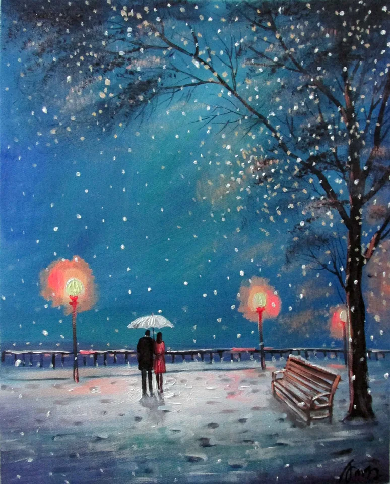 Livraison Gratuite Origine Abstrait Paysage Romantique Neige Et Romantique Couples Art Peinture A L Huile Toile 16 Inch Aliexpress