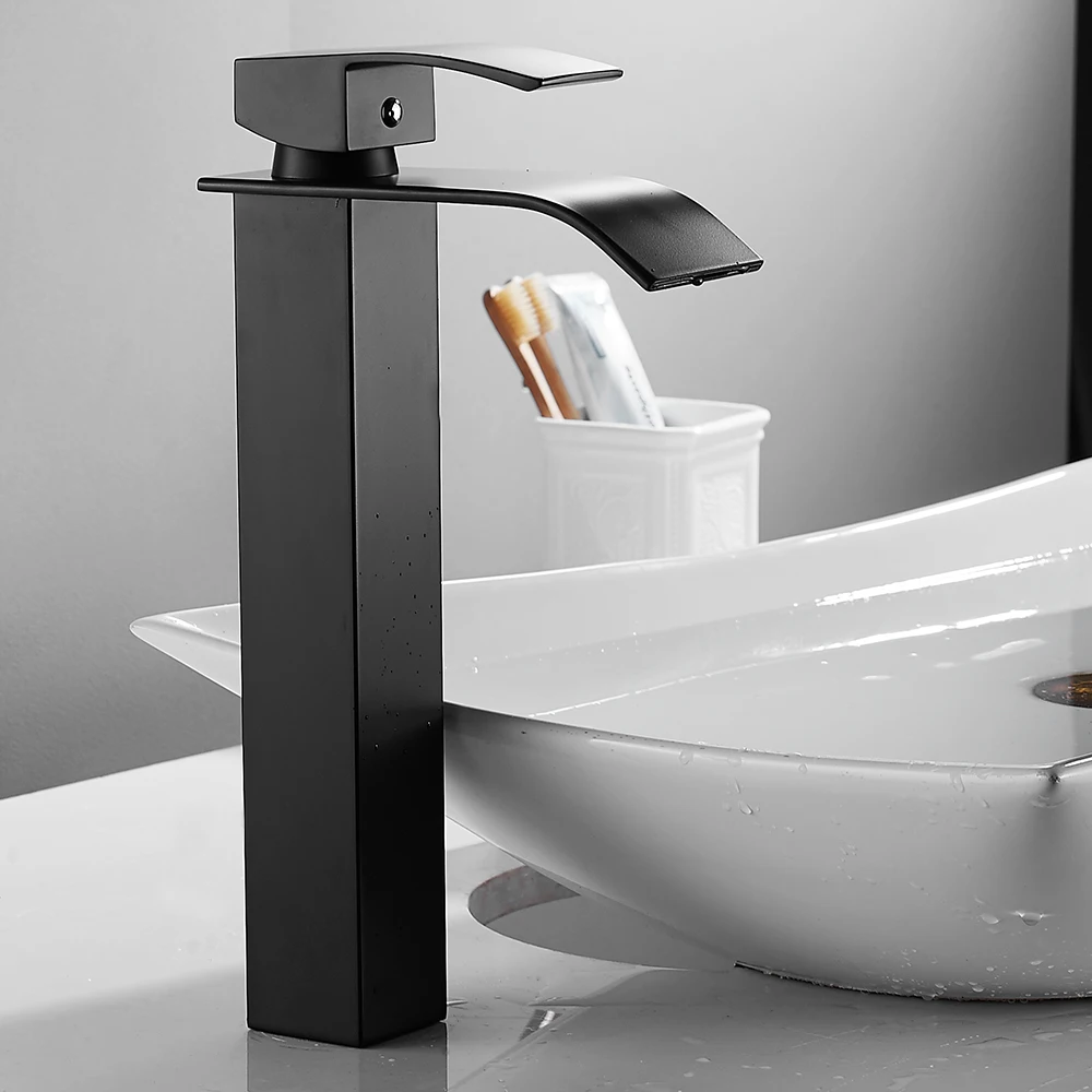 

Tall Basin Faucet Bathroom Sink Taps Basin Mixer Black Spray Square Mono High Waterfall Stainless Steel Body Zinc Alloy Handle