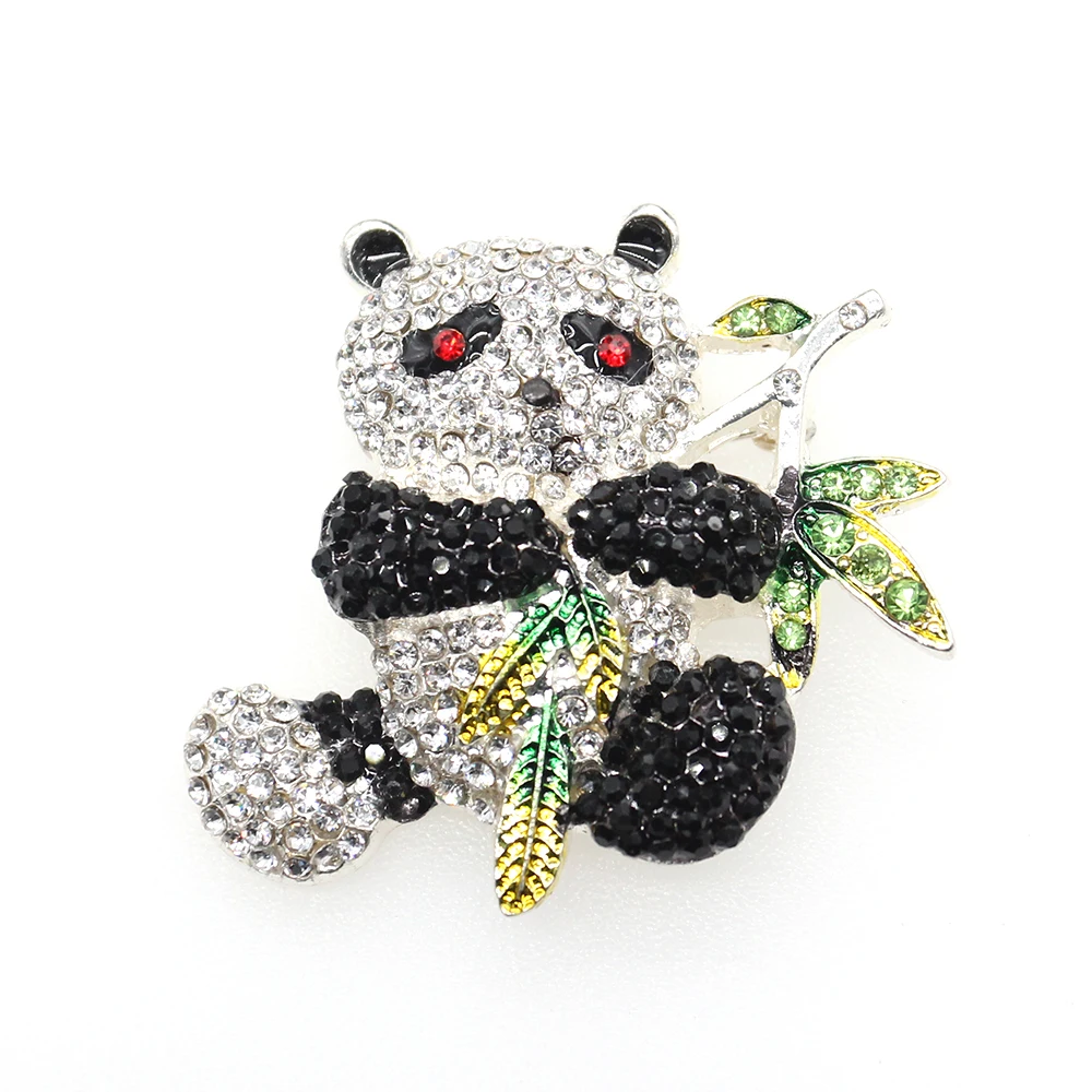 

50/100pcs Wholesale Fashion Rhinestone enamel cute panda with bamboo animal Brooch Pin for gift/party