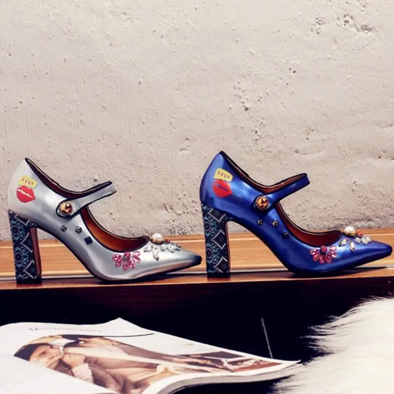 

2018 Autumn Women New Leather Handmade hand drill sharp toe high heeled pumps ladies,big code shallow pearl and crystal shoes