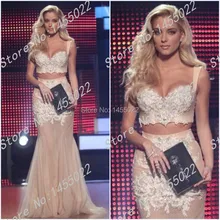 Abendkleider Lange 2015 Kristall Mermaid Champagne Zweiteiler Prom Pageant Kleider für Frauen Applique Perlen Abendkleid