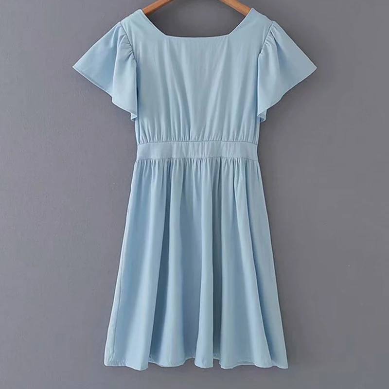 Women's Clothing Dress 2019 Square Collar Open Back Buttoned Lace-Up Short Sleeve Dress Ms Summer Sexy Slim Fit Temperament