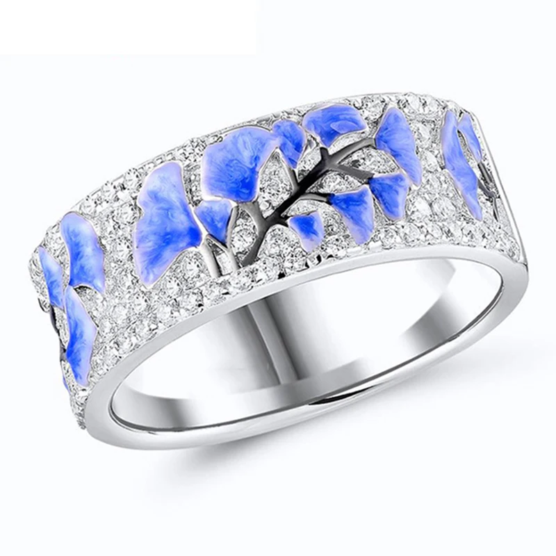 

2019 New Plant Tree Morning Glory Blossom Paint Blue Flower Rings Luxury Micro Paved CZ Silver Color Finger Rings Hip Hop Z3M334