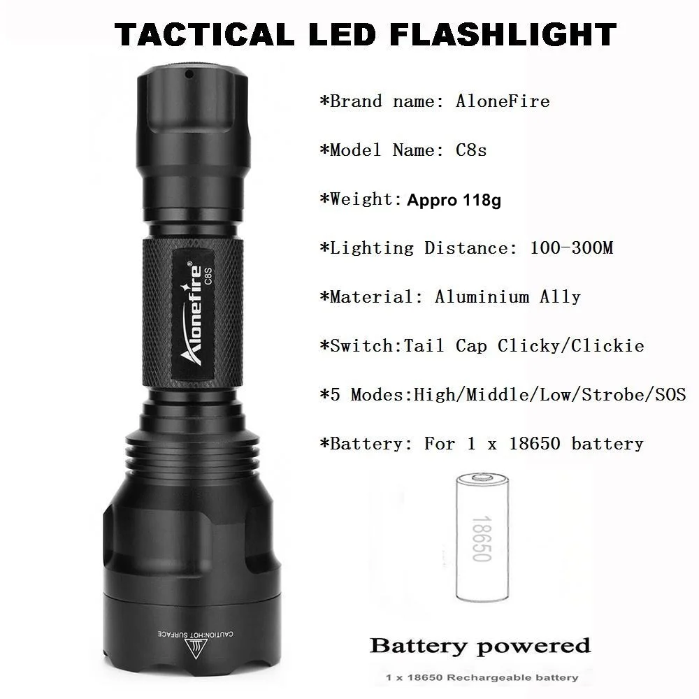 AloneFire C8 CREE XML T6 светодиодный тактический светильник фонарь страйкбол прицел ружья светильник 18650 перезаряжаемая батарея