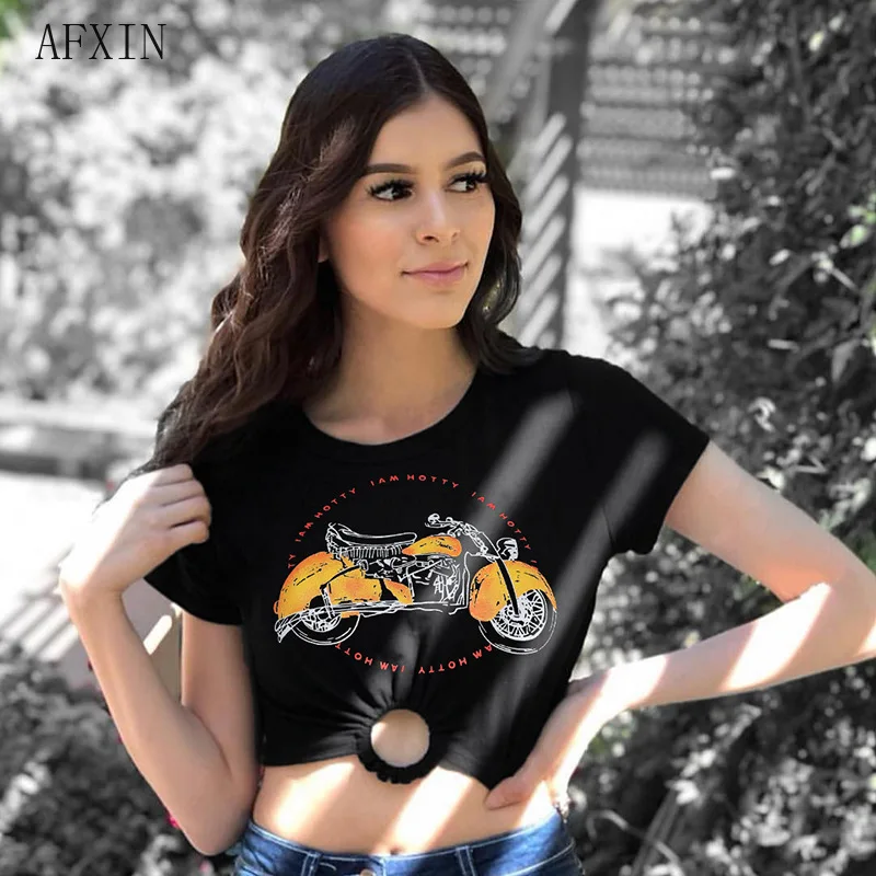 

Fashion Summer Crop Top Women Harajuku Cool Motorcycle Print Tee Shirt Femme Hollow Circle Punk Style Slim Fit Black T Shirts
