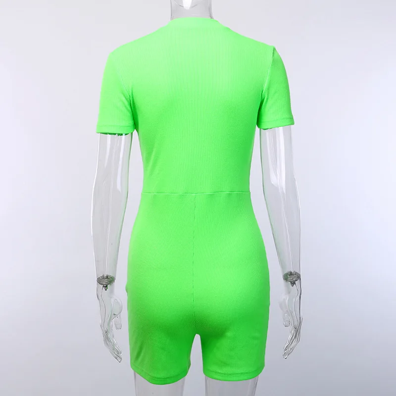 CamKemsey Streetwear Neon Green Sexy Skinny Playsuits Women Spring Short Sleeve Knitted Sporting Jumpsuits Rompers