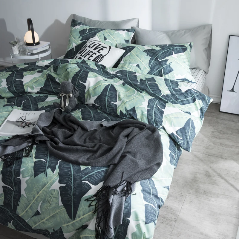 Pastoral Style Leaves Bedding Set Cotton Twin Queen Size 4Pcs Print Duvet Cover Flat Sheet/Fitted Sheet Pillow Cases