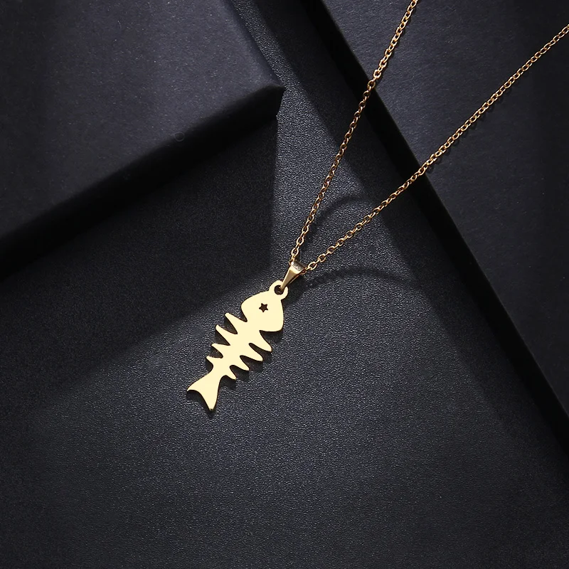 

DOTIFI Stainless Steel Necklace For Women Man Lover's Fish Bone Gold And Silver Color Pendant Necklace Engagement Jewelry