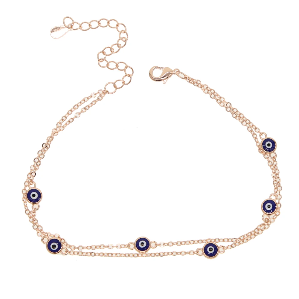 

2019 Top quality double layer turkish delicate thin evil eye Anklet link chain rose gold color women lovely girl fashion jewelry