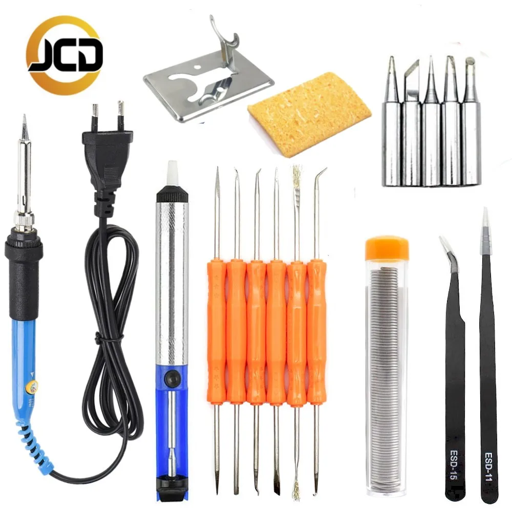 

JCD EU/ US/ AU/UK Plug 220V 60W Adjustable Temperature Electric Soldering Iron Kit with soldering aid tools and sucker pump