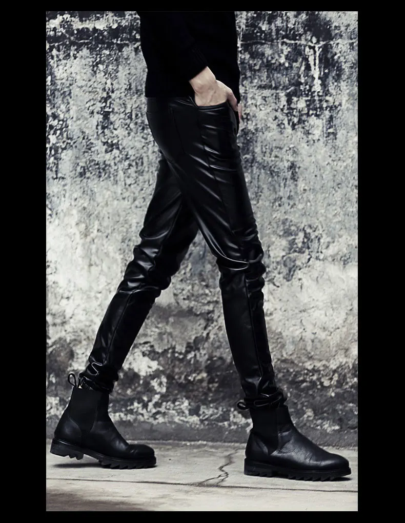 Description Picture 6 of itemMen nightclub singer punk hiphop skinny leather pants stage costume Boys casual tight leather pants motorcycle trousers joggers