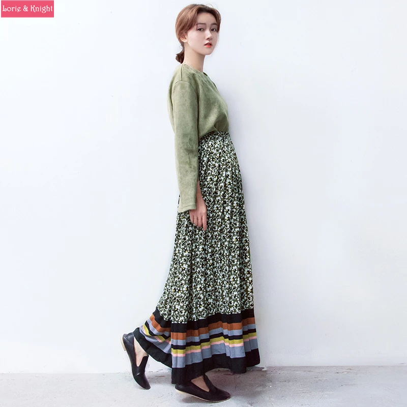 Весна Зеленый Цветочный Принт Богемия Плиссе Длинная Юбка|pleated long skirt|long skirtpleated