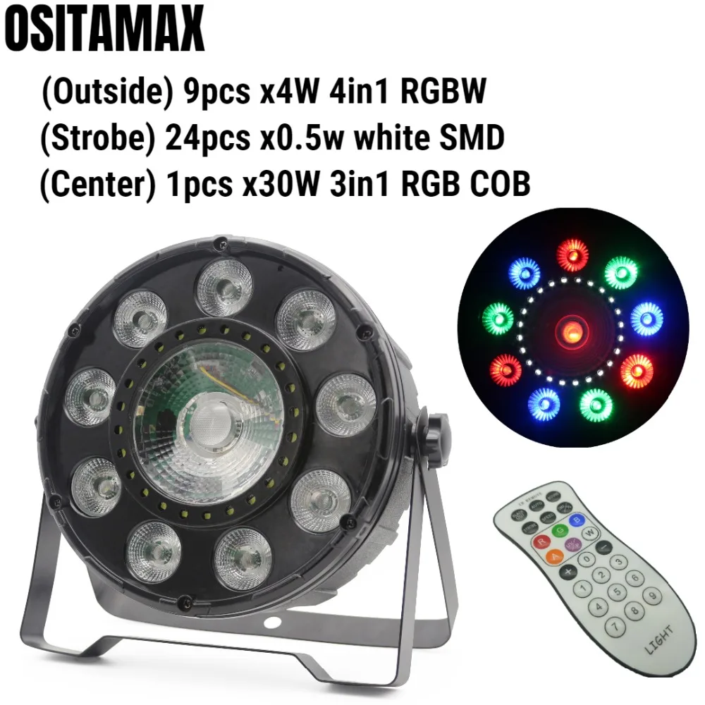 

8pcs/lot RGBW 4IN1 9X4W LED Par Light with 30w COB SMD Stage Lighting Flat Par Disco DJ Equipment
