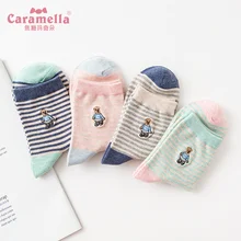 Caramella, 4 пары, женские носки из чесаного хлопка, милые Мультяшные Носки с рисунком медведя, весна-осень, забавные носки, модные женские Чулочные изделия